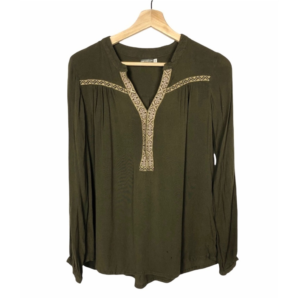 Earthbound Flowy Boho Olive Green Embroidered‎ V-Neck Long Sleeve Top M
